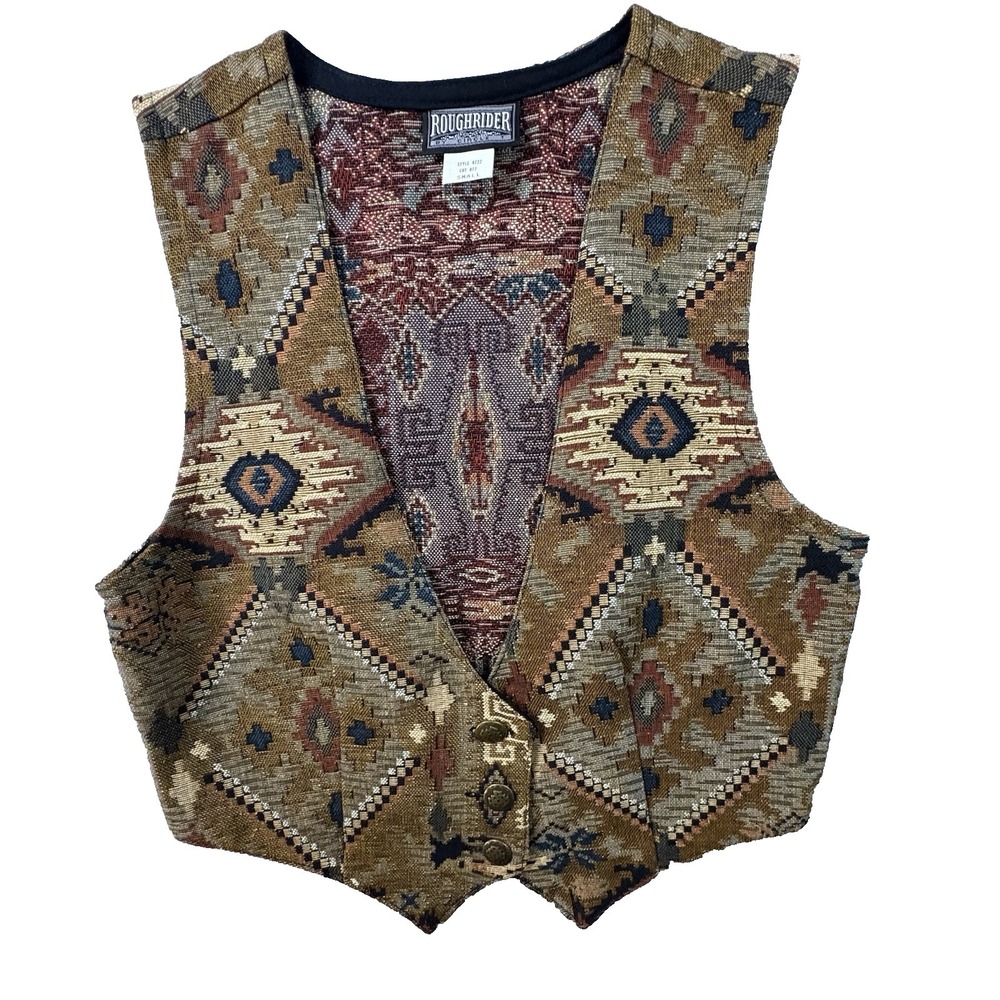 VTG Roughrider Women's S‎ 90s Brown Southwestern Tapestry Western Vest SEE DESC